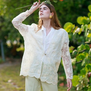 80s Off White Lace Embroidered Jacket Vintage Victorian Sheer Long Sleeve Blazer image 3