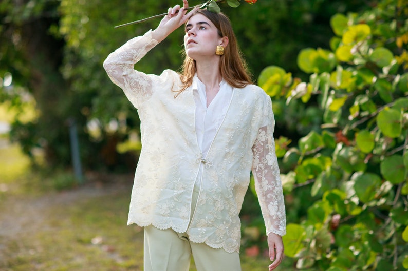 80s Off White Lace Embroidered Jacket Vintage Victorian Sheer Long Sleeve Blazer image 3