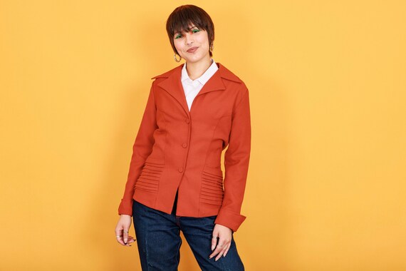 70s Pumpkin Orange Knit Blazer Vintage Long Sleeve Pointy Collar Jacket