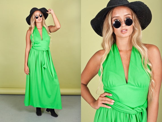 70s Apple Green Dress Vintage Bright Long Halter … - image 1