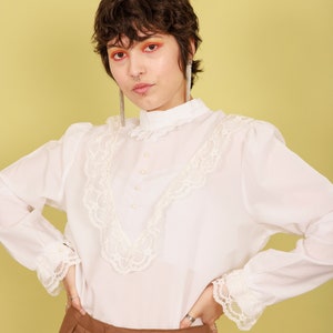 60s White Victorian Collar Lace Blouse Vintage Long Sleeve Romantic Puritan Top image 5