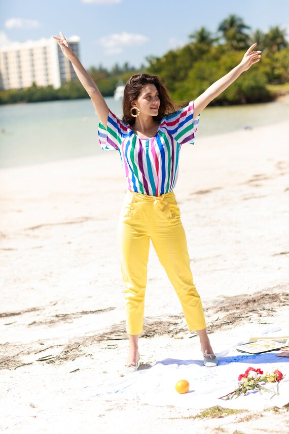 50s Bright Yellow Cotton Trousers Vintage High Wa… - image 3