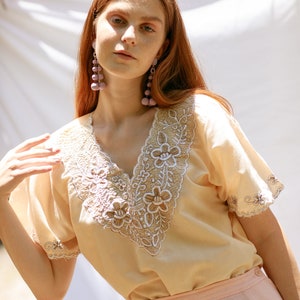 70s Cream White Embroidered Collar Top Vintage Short Sleeve Woven Prairie Blouse image 4