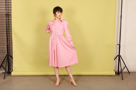 70s Rose Pink Aline Flared Dress Vintage Belted L… - image 1