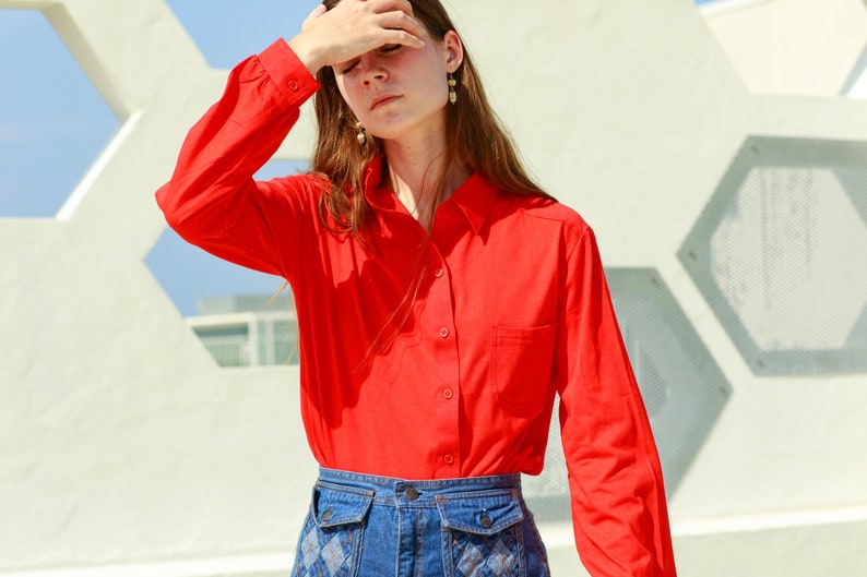 60s Red Pointy Collar Deadstock Blouse Vintage Long Sleeve Minimal Blouse image 7