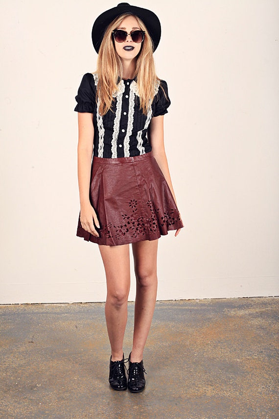 90s Wine Skirt Red Faux Leather Vintage Cutout Cir
