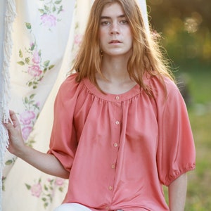 70s Rose Pink Shiny Tunic Blouse Vintage Oversize Boho Mid Sleeve Top image 6