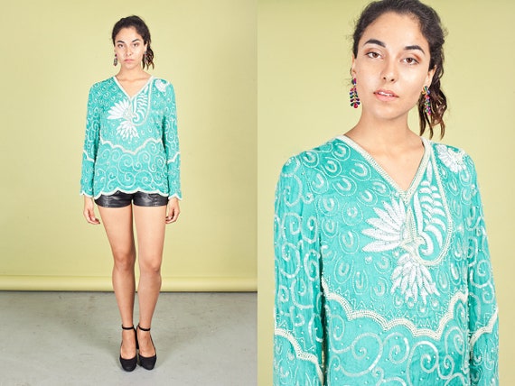 80s Mint Green Sequin Blouse Vintage Pearl White … - image 1