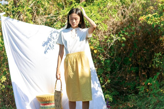 80s Bright Yellow Cotton Skirt Vintage Classic Pe… - image 7