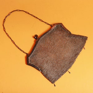 1910s Antique Silver Mesh Statement Chain Purse Vintage Art Deco Handle Chain Mail Purse
