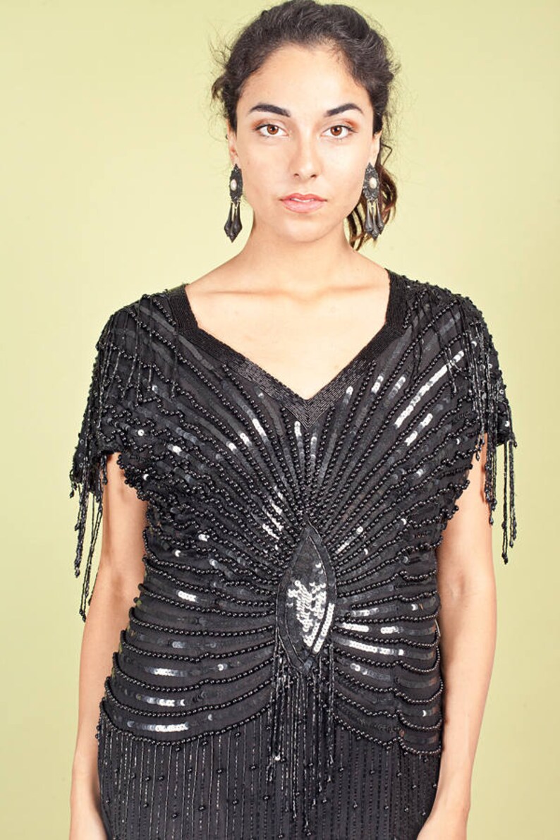 80s Black Evening Wiggle Dress Vintage Sequin Bead Dress