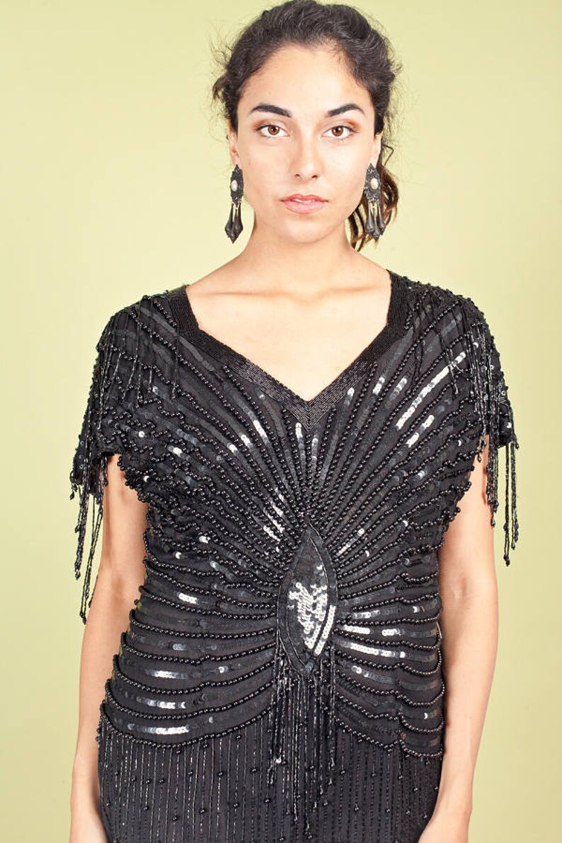 80s Black Evening Wiggle Dress Vintage Sequin Bead Dress image 3