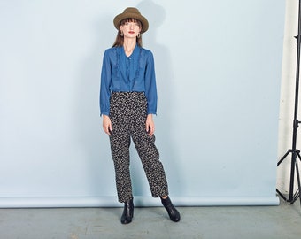 80s Black Tiny Floral Pants Vintage Flower Small High Waisted Trousers