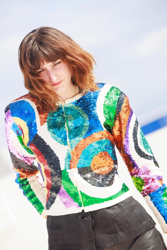 80s Bright Geometric Pattern Fully Sequin Long Sl… - image 5