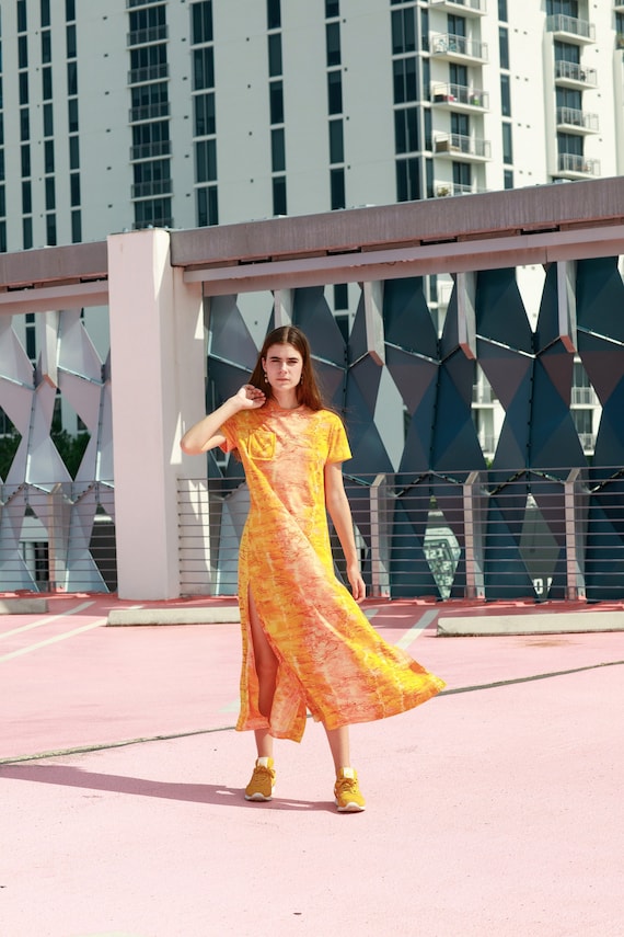 60s Orange Marble Abstract Print Slit Dress Vintag