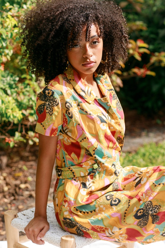 50s Yellow Orange Multi Color Pattern A Line Dres… - image 2