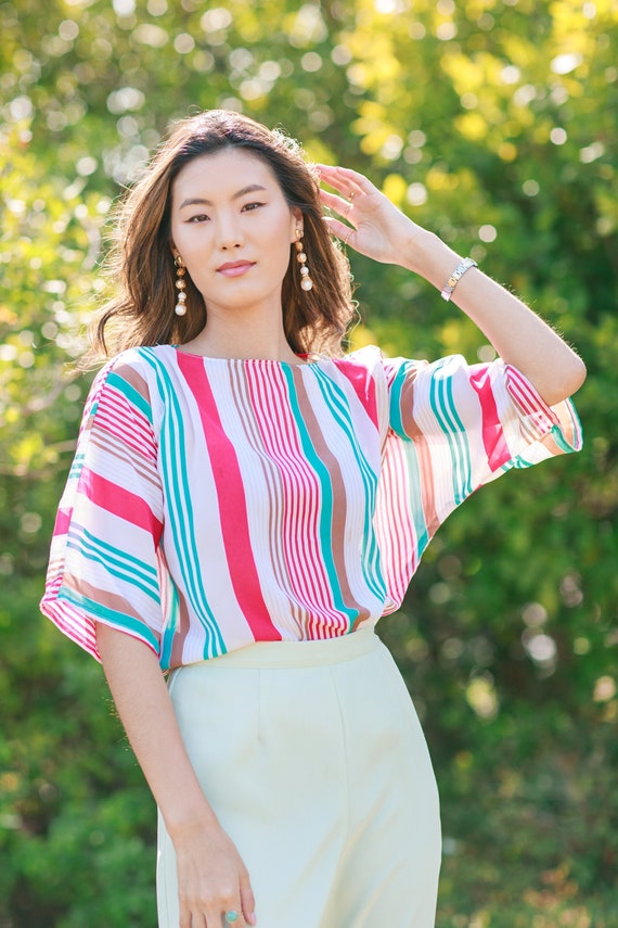 70s Colorful Pink Striped Bohemian Blouse Vintage 