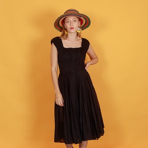 50s Black Party Dress Vintage Bow Pleated Fitted Swing Party Dress image 1