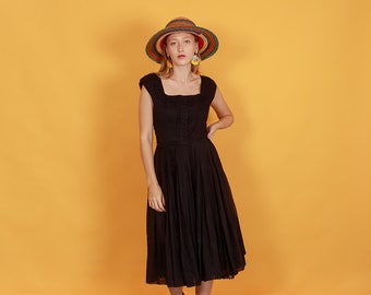 50s Black Party Dress Vintage Bow Pleated Fitted Swing Party Dress