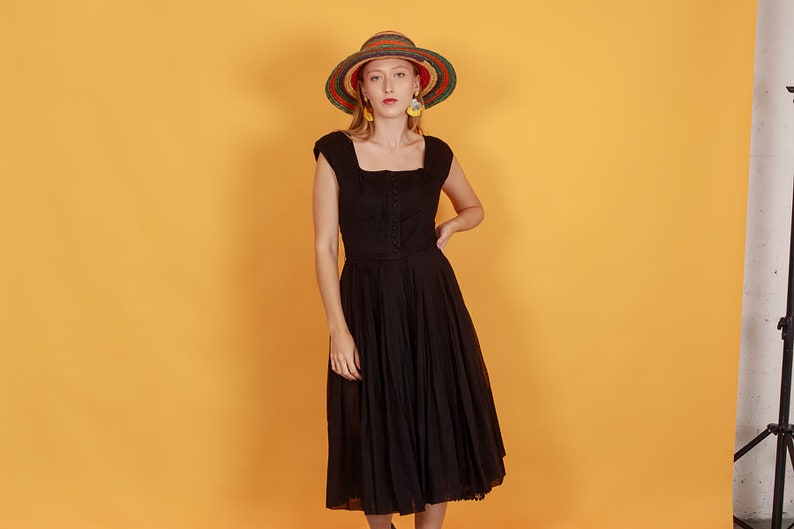 50s Black Party Dress Vintage Bow Pleated Fitted Swing Party Dress image 1