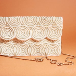 90s Light Beige Beaded Swirl Evening Purse Vintage Cotton Formal Chain Bag image 4