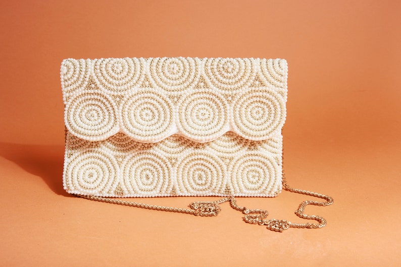 90s Light Beige Beaded Swirl Evening Purse Vintage Cotton Formal Chain Bag image 4