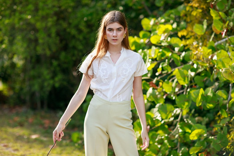 60s Pale Green Knit Trousers Vintage Mid Waist Textured Pants image 3