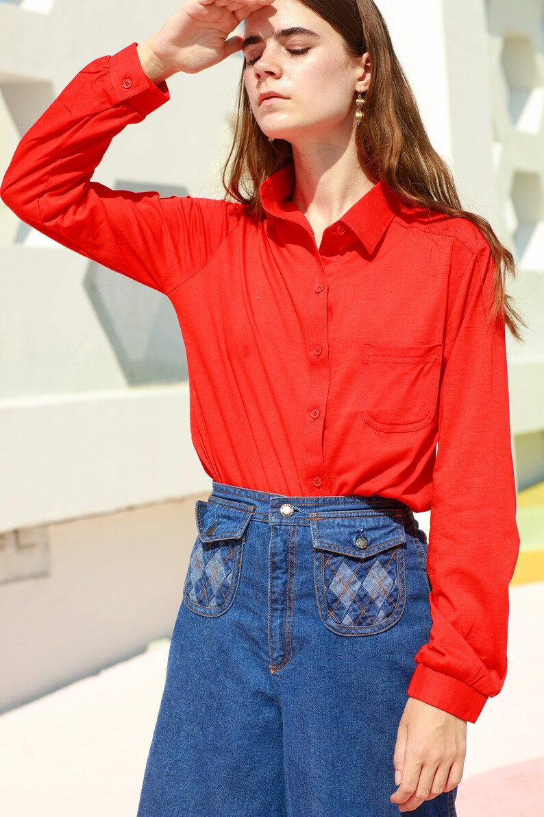 60s Red Pointy Collar Deadstock Blouse Vintage Long Sleeve Minimal Blouse image 5