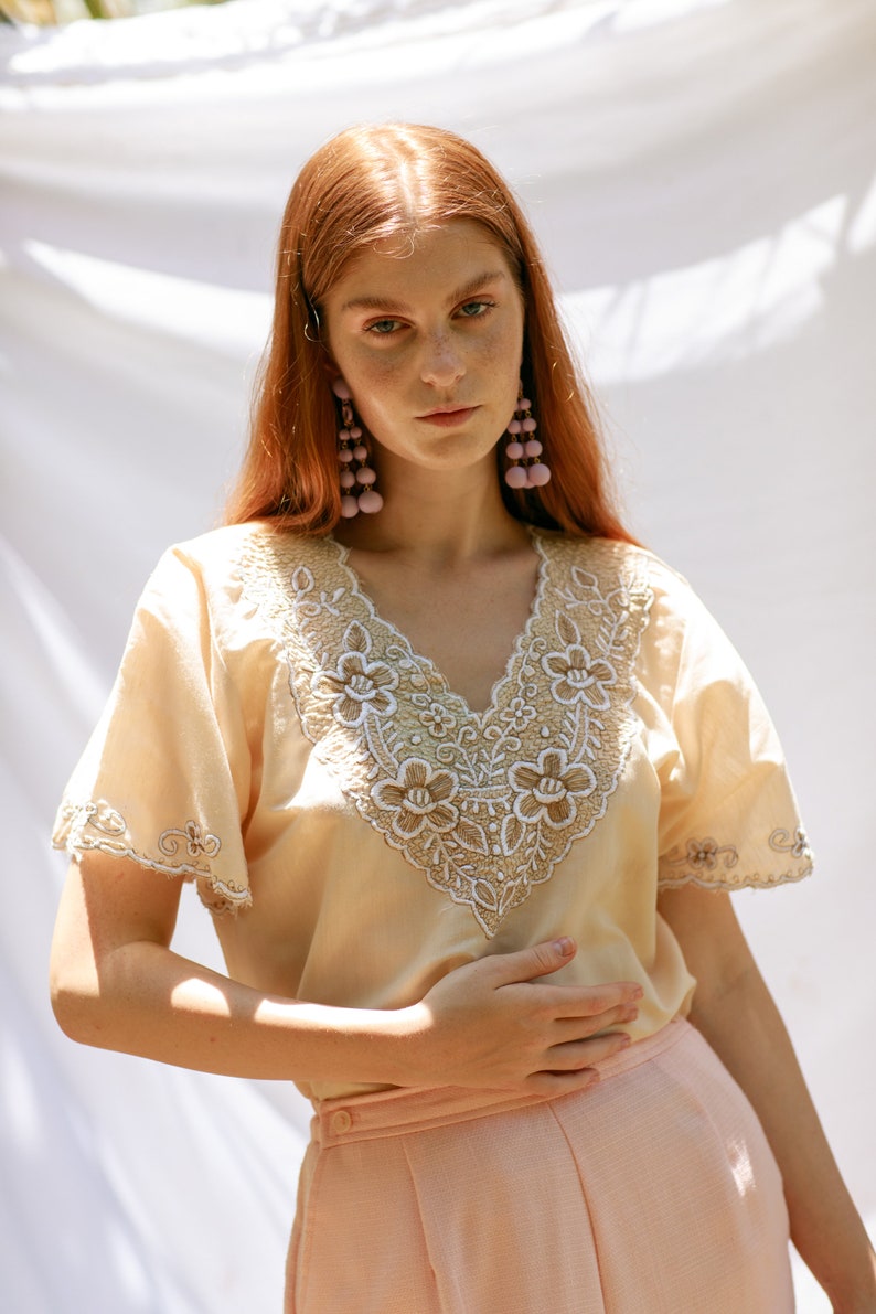 70s Cream White Embroidered Collar Top Vintage Short Sleeve Woven Prairie Blouse image 8