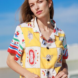 Handmade Yellow Red Graphic Novelty Linen Blouse Vintage Handmade Colorful Upcycled Fruits Top image 2