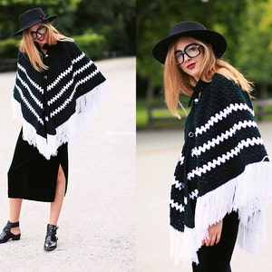 60s Fringe Poncho Vintage Black White Striped Knitted Poncho image 5