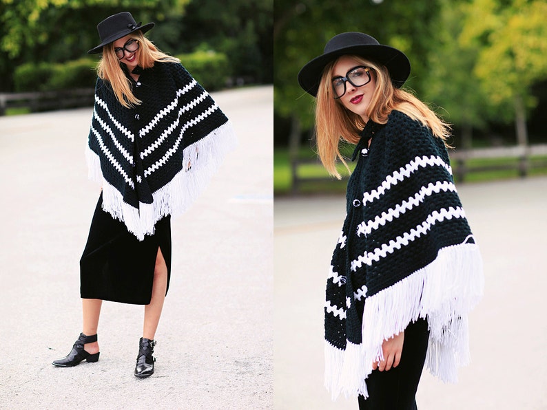 60s Fringe Poncho Vintage Black White Striped Knitted Poncho image 5