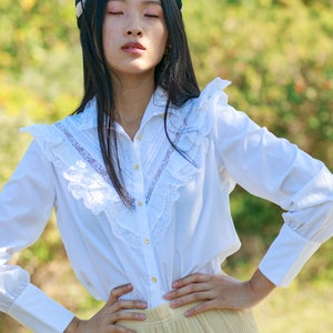 50s White Lace Victorian Lace Collar Blouse Vintage Long Sleeve Cotton Top