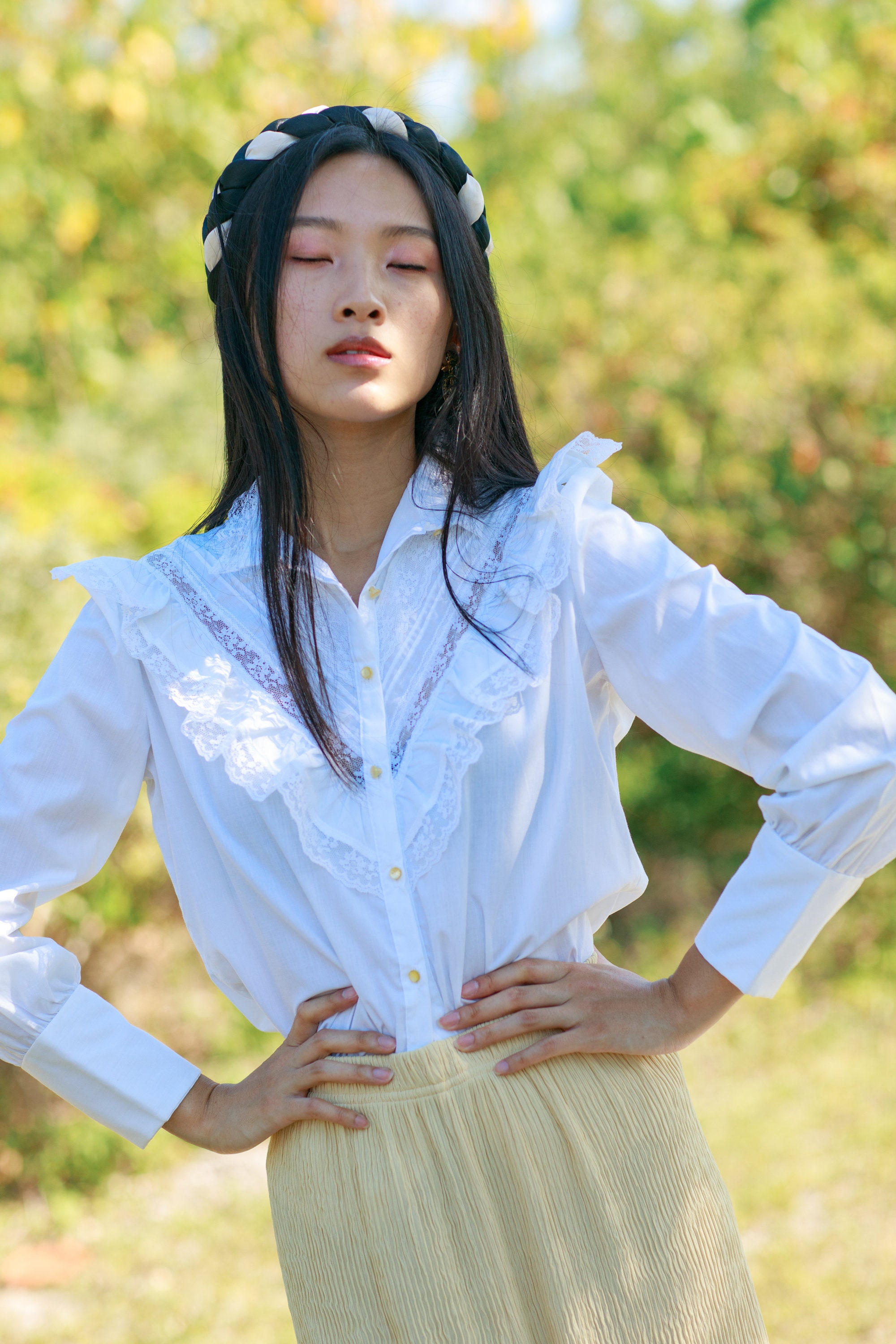50s White Lace Victorian Lace Collar Blouse Vintage Long Sleeve