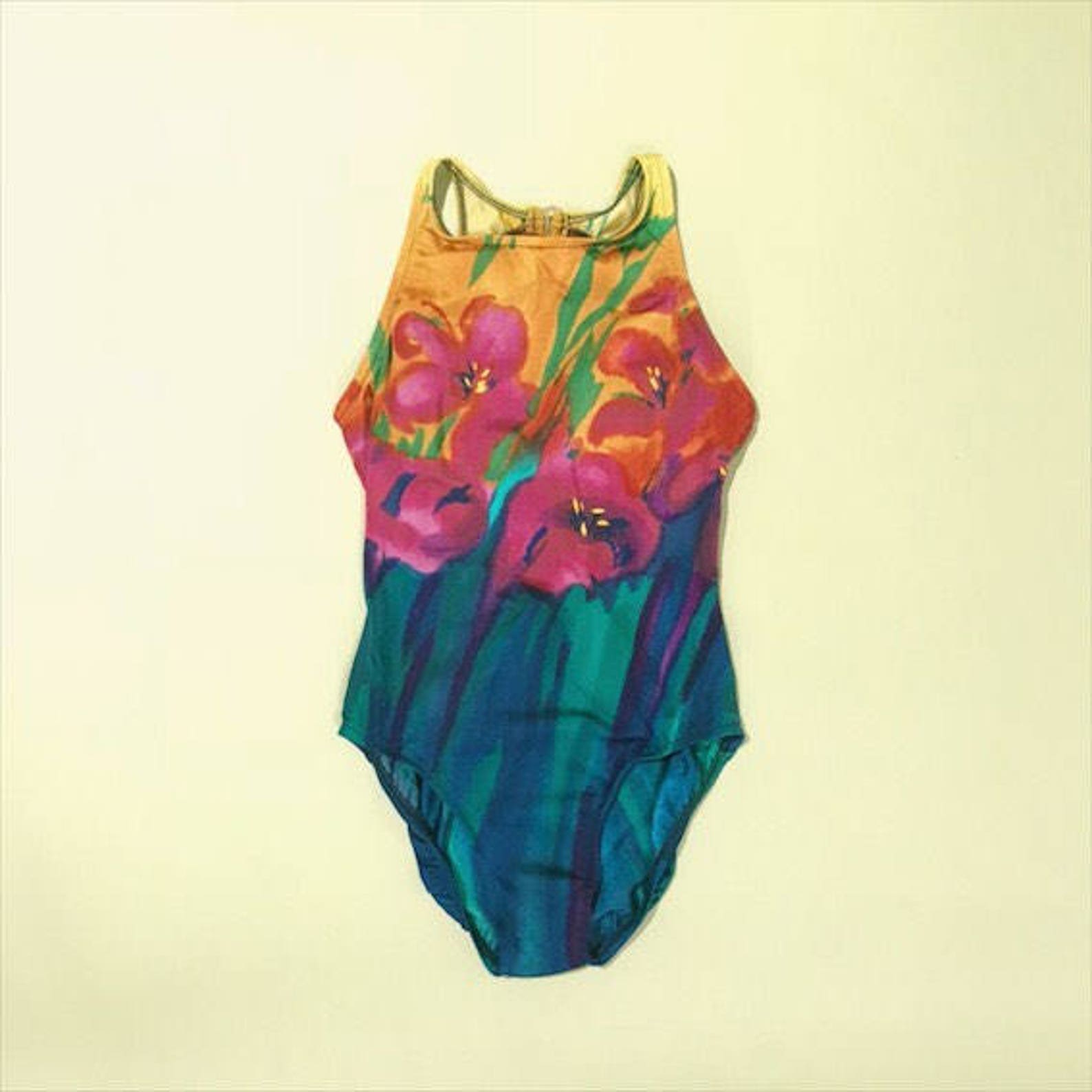 80s Watercolor Floral Bathing Suit Vintage Open Back Pink Etsy