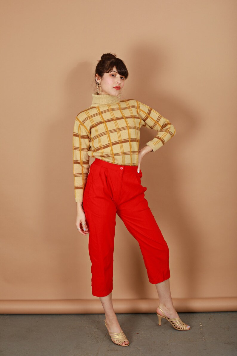 80s Bright Red High Waisted Linen Pants Vintage Cropped Straight Leg Petite Trousers image 4