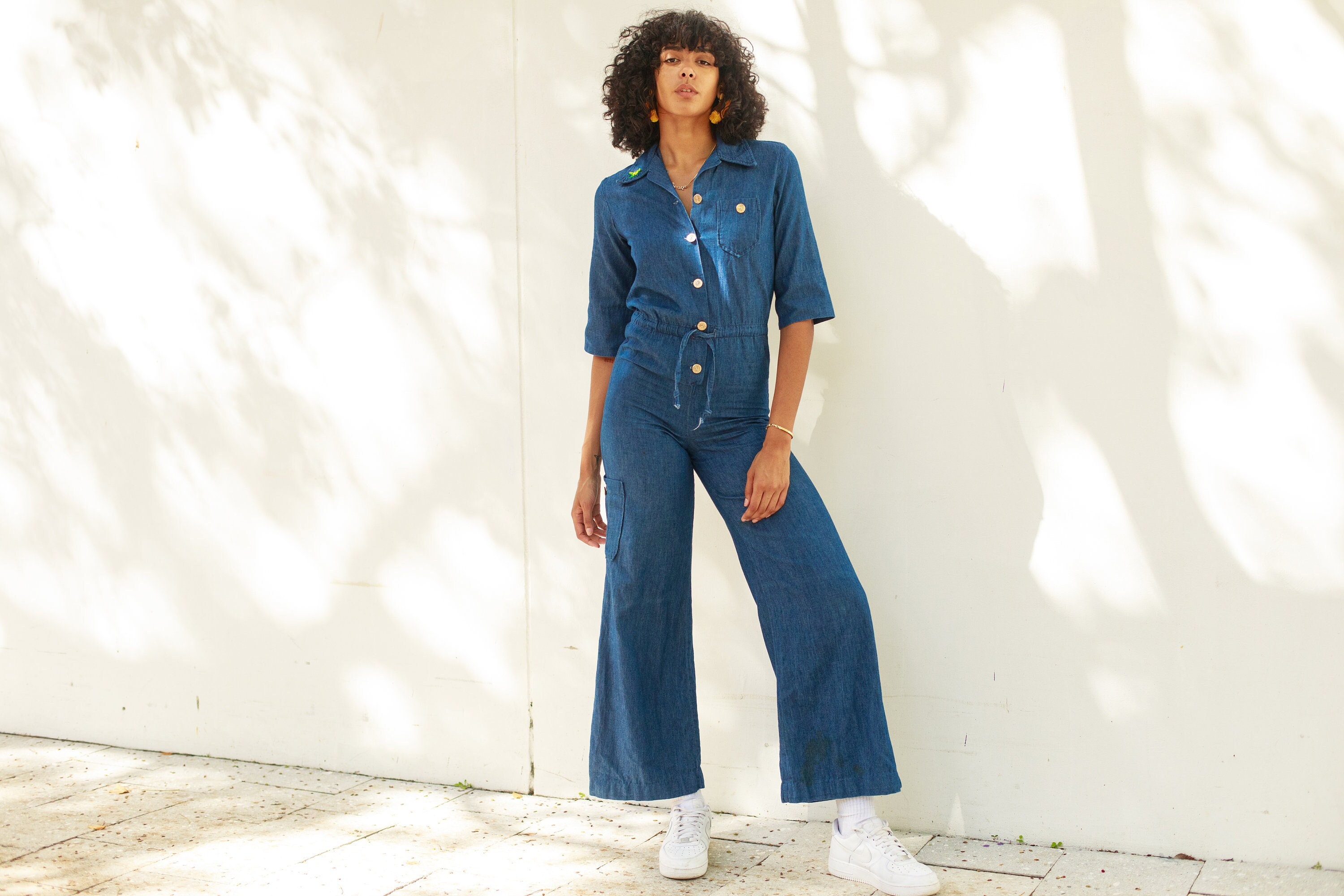 70s Dark Blue Denim High Rise Jumpsuit Vintage Jean Mid Sleeve