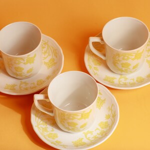 Set of 3 80s Vintage White Yellow Floral Pattern Ceramic Teacups with Plates image 2