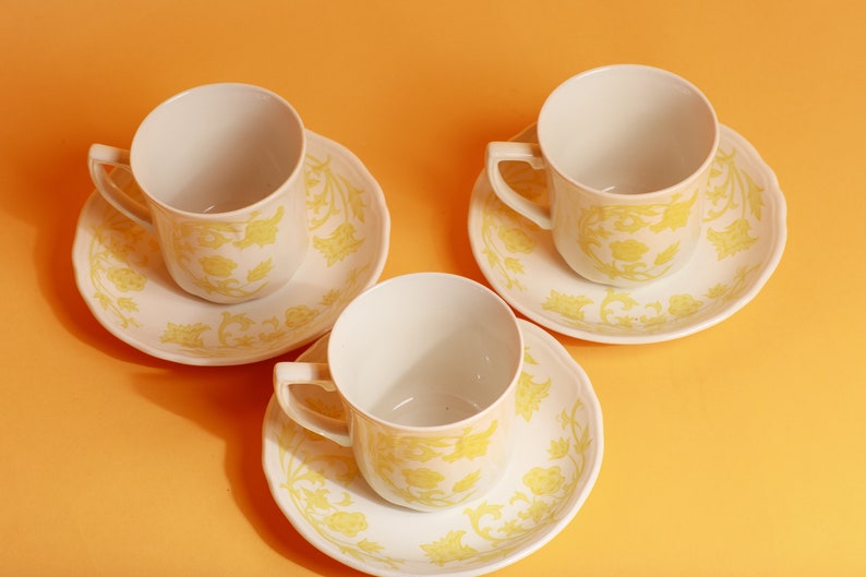 Set of 3 80s Vintage White Yellow Floral Pattern Ceramic Teacups with Plates image 2