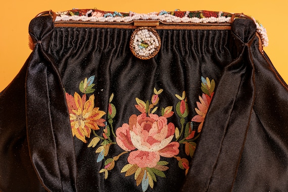 40s Black French Silk Embroidered Colorful Purse … - image 2