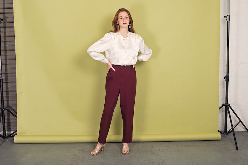 80s Wine Red Elastic Trousers Vintage High Rise Straight Leg Pants image 1