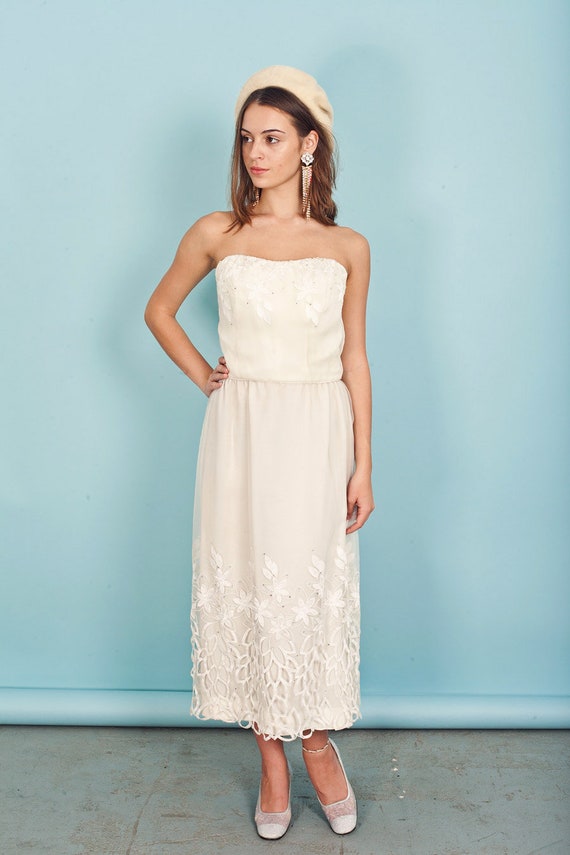 60s Cream Cutout Wedding Dress Vintage Strapless … - image 7