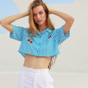 80s Blue Striped Cherry Hand Embroidered Crop Top Vintage Reworked Blouse image 8