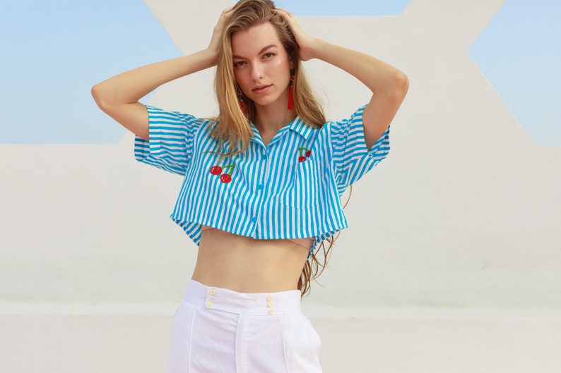 80s Blue Striped Cherry Hand Embroidered Crop Top Vintage Reworked Blouse image 8