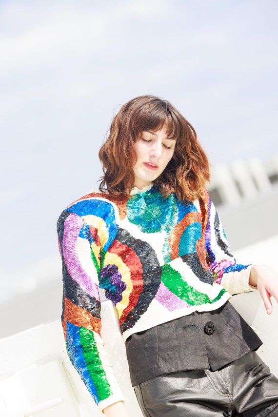 80s Bright Geometric Pattern Fully Sequin Long Sl… - image 11