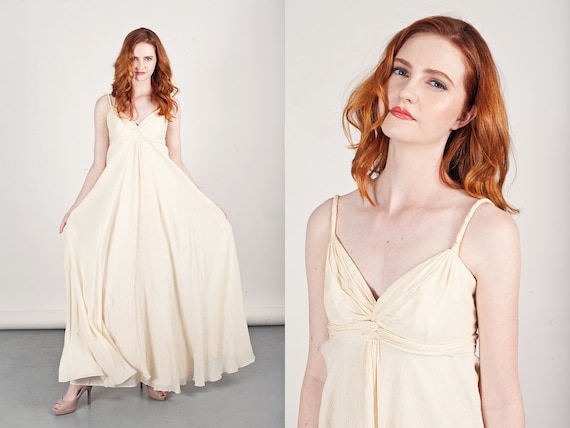 50s Grecian Dress Vintage Crepe Dress Cream Long … - image 1