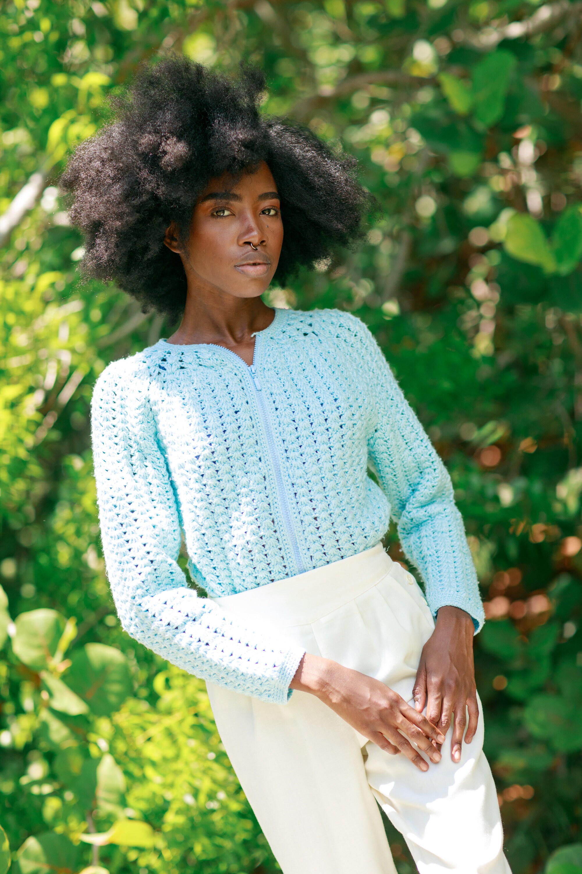 70s Blue Knit Crochet Long Sleeve Sweater Vintage Aquamarine