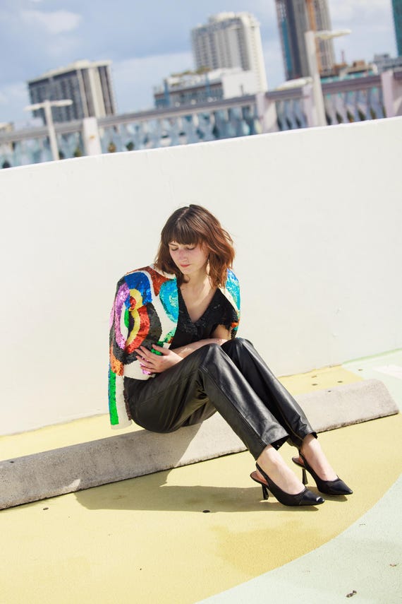 80s Bright Geometric Pattern Fully Sequin Long Sl… - image 7