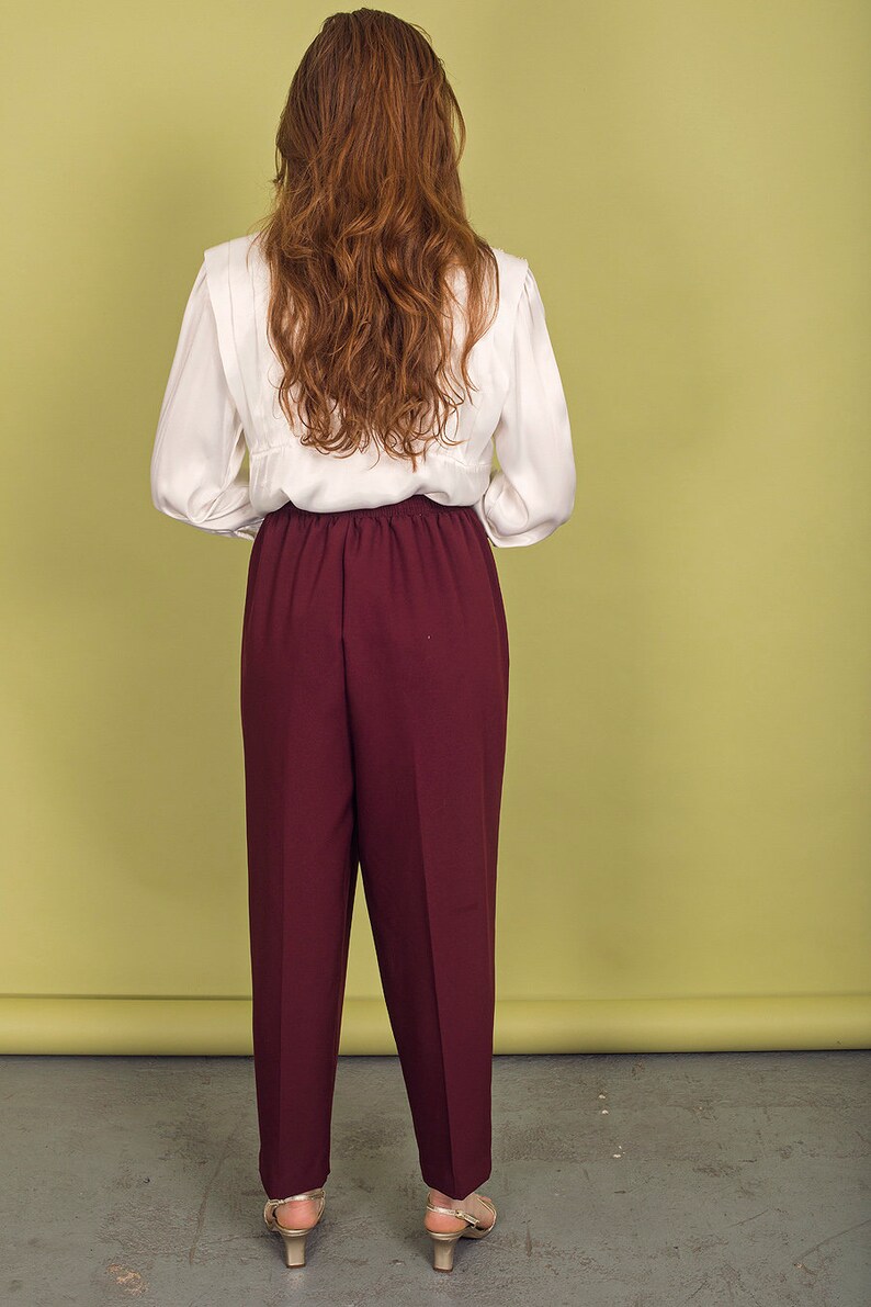 80s Wine Red Elastic Trousers Vintage High Rise Straight Leg Pants image 6