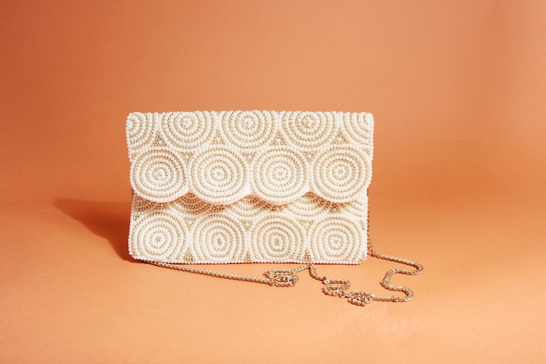 90s Light Beige Beaded Swirl Evening Purse Vintage Cotton Formal Chain Bag image 1